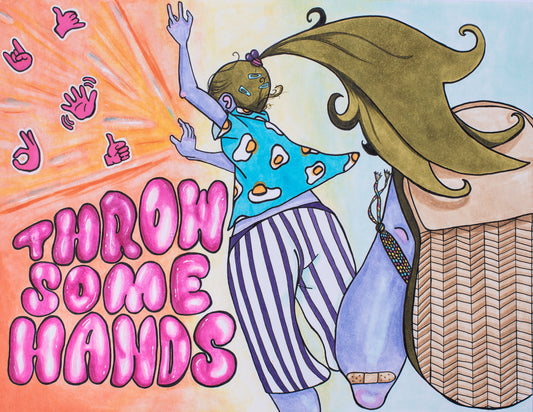A fine art print of a colorful marker illustration. It is a forced perspective girl. Her back is towards you, one foot kicked up behind as she pitches a throw. Her skin is lavender. Her green ponytail billows. She wears purple & white striped capris, a band-aid on her knee, a colorful friendship bracelet on her ankle, and a blue shirt with a fried egg pattern. She is throwing pink emojis shaped like hands. Underneath, pink bubble lettering spells “Throw Some Hands”