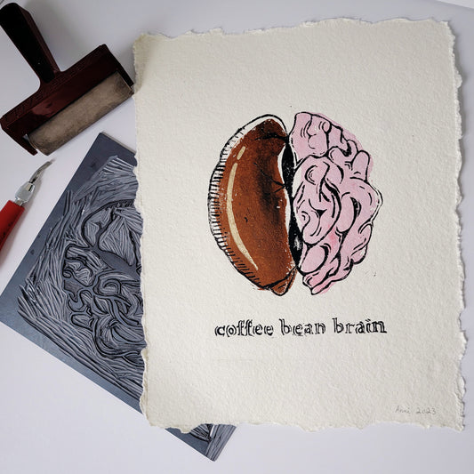 "Coffee Bean Brain" - signed linocut art print